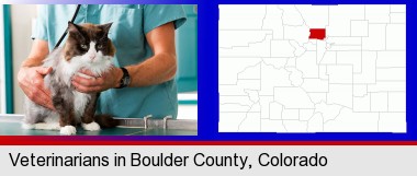 a veterinarian and a cat; Boulder County highlighted in red on a map