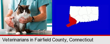a veterinarian and a cat; Fairfield County highlighted in red on a map