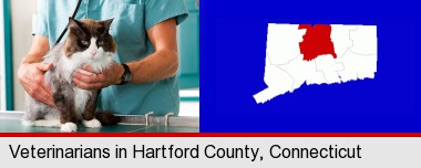 a veterinarian and a cat; Hartford County highlighted in red on a map