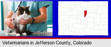 a veterinarian and a cat; Jefferson County highlighted in red on a map
