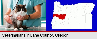 a veterinarian and a cat; Lane County highlighted in red on a map