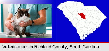 a veterinarian and a cat; Richland County highlighted in red on a map