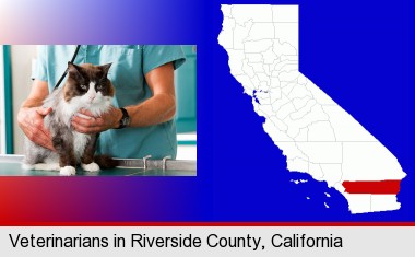 a veterinarian and a cat; Riverside County highlighted in red on a map