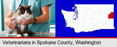 a veterinarian and a cat; Spokane County highlighted in red on a map