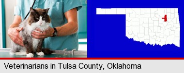 a veterinarian and a cat; Tulsa County highlighted in red on a map