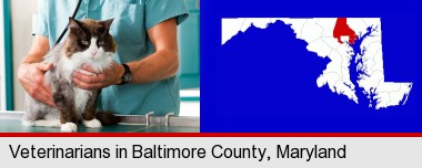 a veterinarian and a cat; Baltimore County highlighted in red on a map
