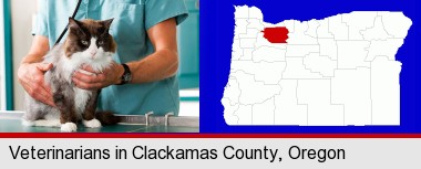 a veterinarian and a cat; Clackamas County highlighted in red on a map