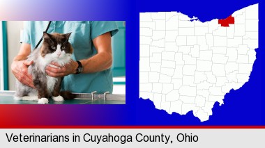 a veterinarian and a cat; Cuyahoga County highlighted in red on a map