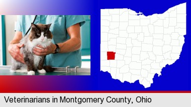 a veterinarian and a cat; Montgomery County highlighted in red on a map