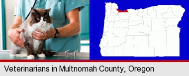 a veterinarian and a cat; Multnomah County highlighted in red on a map