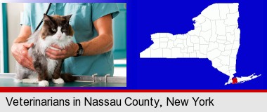 a veterinarian and a cat; Nassau County highlighted in red on a map