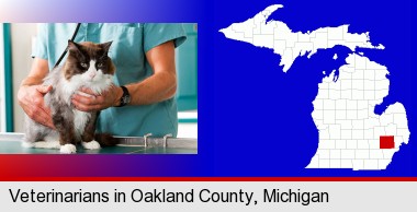 a veterinarian and a cat; Oakland County highlighted in red on a map