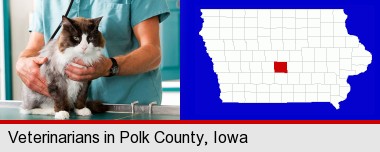 a veterinarian and a cat; Polk County highlighted in red on a map