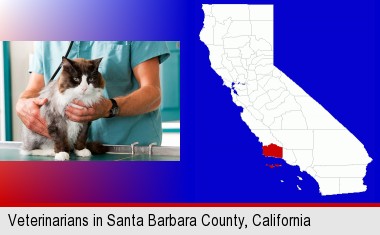 a veterinarian and a cat; Santa Barbara County highlighted in red on a map