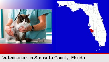 a veterinarian and a cat; Sarasota County highlighted in red on a map