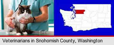 a veterinarian and a cat; Snohomish County highlighted in red on a map
